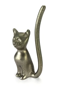 Vintage Spooky Cat Figurine Ring Holder Long tail Metal Silver Tone 3.5 inch - Picture 1 of 7