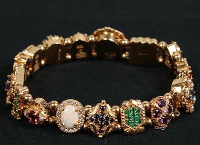 61g Exquisite Richard Glatter 14k Gold 16 Slide Charm 8.5” Bracelet Diamond Opal - Image 1 of 4