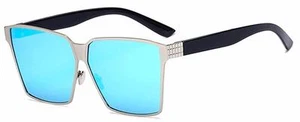 86029 C6 SQUARE FASHION SUNGLASSES METAL SILVER FRAME BLUE MIRROR LENS - Picture 1 of 3