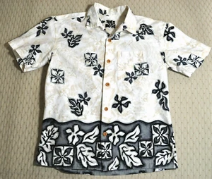 TOES on the NOSE Cream Black Gray Hawaiian SHIRT Sz L #TW696 Cotton Wood Buttons - Picture 1 of 6
