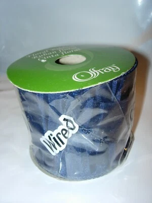 DARK TEAL BLUE FLORAL PARTY GIFT WRAP WIRE EDGE SPOOL Ribbon 2 1/2" X 5 YARDS  - Image 1 of 3