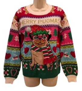 Merry Pugmas Sweater Ugly Christmas Pullover XS Oversized Multicolor Holiday Pug - Picture 1 of 10