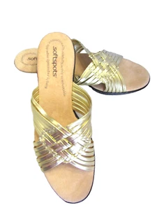 NWOB SOFTSPOTS METALLIC GOLD WOVEN LEATHR WEDGE HEELS MULES PUMPS SANDALS 10M - Picture 1 of 16