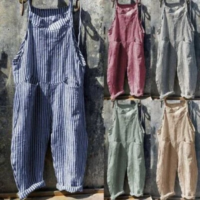 Damen Latzhose Lose Jumpsuit Weitem Bein Gestreifter Freizeit Overall Hüfthosen^ - Bild 1 von 4