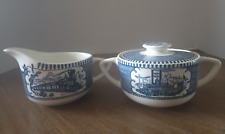 Vintage Currier & Ives Creamer & Sugar Bowl & Lid Blue Steamboat & Train Pattern