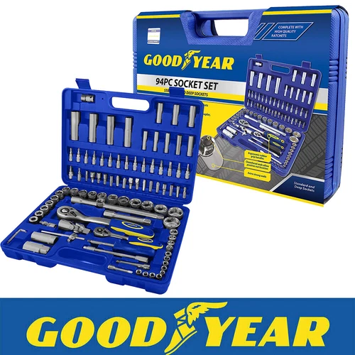 Goodyear 94PC 1/2" 1/4" Socket Set & Screwdriver Bit Torx Ratchet Case Tool Kit