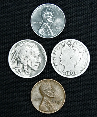Liberty V Nickel (4) Lot - Buffalo Steel Wheat Lincoln Cent Mixed Old US Coins Cover