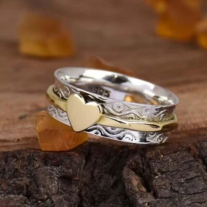 Anillo giratorio corazón plata esterlina 925 ansiedad inquietud anillo de meditación hecho a mano - Imagen 1 de 9
