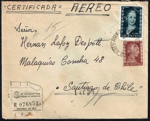 1148 ARGENTINA TO CHILE REGISTERED AIR MAIL COVER 1954 EVITA STAMPS - Picture 1 of 2
