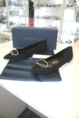 Sapato plano Sergio Rossi preto camurça bailarina tom dourado cristal enfeitado - Tamanho 40 - Imagem 1 de 4