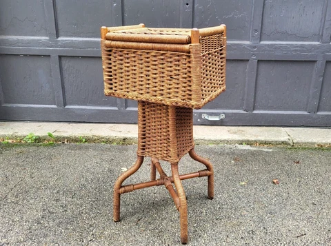 Antique Wicker Sewing Box Floor Stand ARTS & CRAFTS Antique c1900 Cover