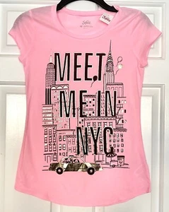 Neu mit Etikett Mädchen Justice Größe 12 rosa kurzärmliges Oberteil "Meet Me In NYC" - Bild 1 von 3
