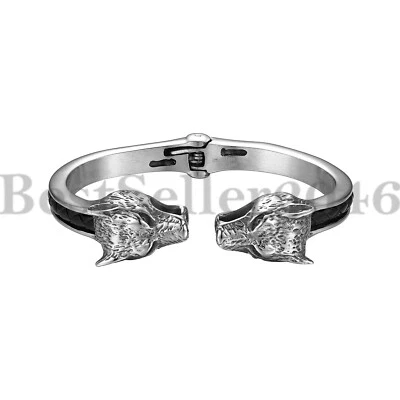 Bracelete masculino Viking cabeça de lobo preto couro genuíno prata punho de aço inoxidável - Imagem 1 de 4