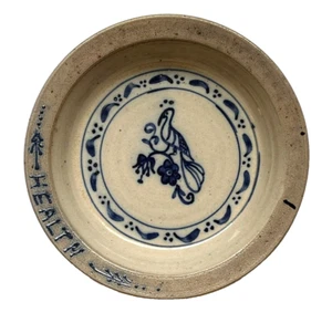 Plato de gres esmaltado con sal de colección sartén azul cobalto pájaro salud floral, firmado - Imagen 1 de 8