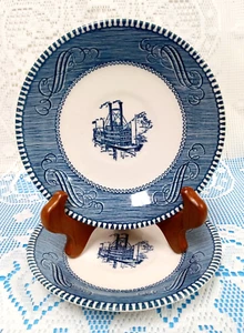 2 VTG Currier and Ives 6" Saucer PLATE Steam Boat ROYAL Blue White USA - Picture 1 of 5