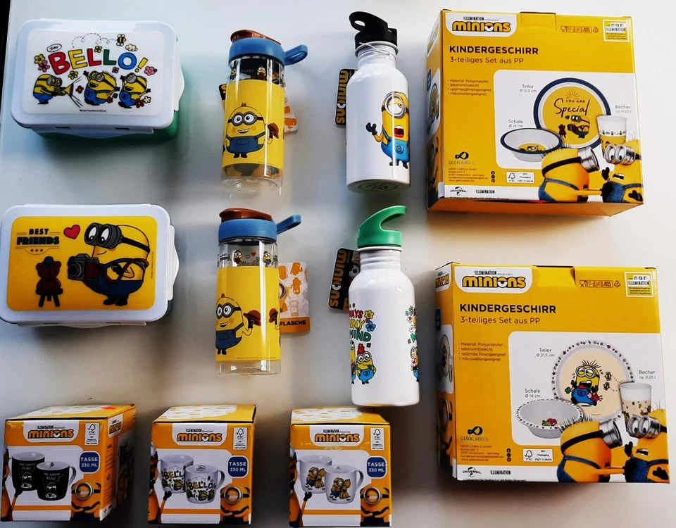 Minions Kindergeschirr Teller Schale Tasse Brotdose mit Fach Alu Trinkflasche