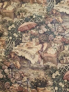 Tapestry Upholstery Fabric BTY English Tea Garden, umbrella, hats, flowers & Cat - Picture 1 of 16