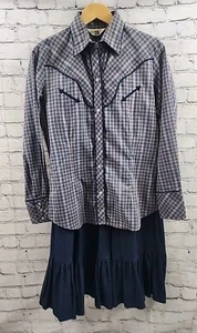 Vintage RANCH WEAR Damen Karo & Denim 60er Western Perlen Druckknopf Hemd Rock Gr. L - Bild 1 von 7