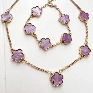 18K Gold Purple Floral Necklace SET stainless steel Womens jewelry - Picture 1 of 9