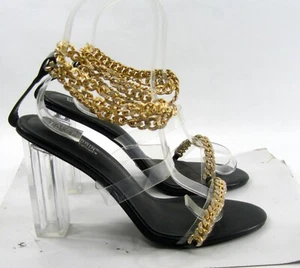 Cape Robbin SCHWARZ GOLD 4,5" durchsichtiger Blockabsatz Knöchelriemenschuh DAMEN Größe 11 - Bild 1 von 5