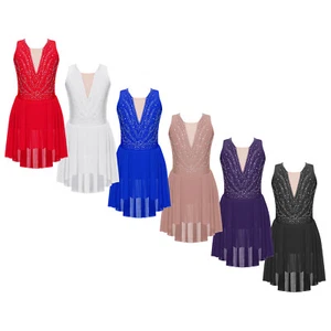 Girls Dancewear Strappy Back Figure Skating Dress Sheer Dance Dresses Lyrical - Picture 1 of 70