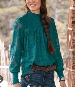 Sundance Bluse Blumen Spitze Oberteil türkis blau Gr. Small Boho Bohemian Langarm  - Bild 1 von 12