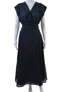 Xirena Women Maxi Wrap Dress Set Dark Blue V-Neck Bohemian Silk Cotton Size XS - Picture 1 of 10
