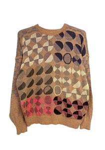 Maglione maglia geometrica vintage anni 90 marrone multicolore motivo astratto retrò grande - Foto 1 di 13