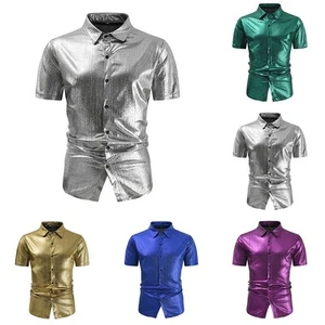 Sofisticata camicia uomo slim fit lucida manica corta per top night club - Foto 1 di 27