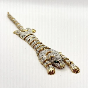 Vintage Gelenk Panther Armband grüne Augen Strass goldfarben 8" lang - Bild 1 von 12