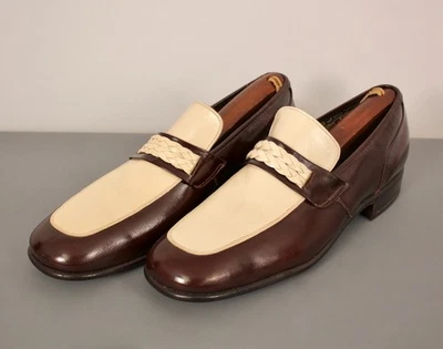Men's VTG NOS 70s Florsheim Brown & Cream Loafers Sz 8 D 1970s Disco Shoes - Image 1 of 4