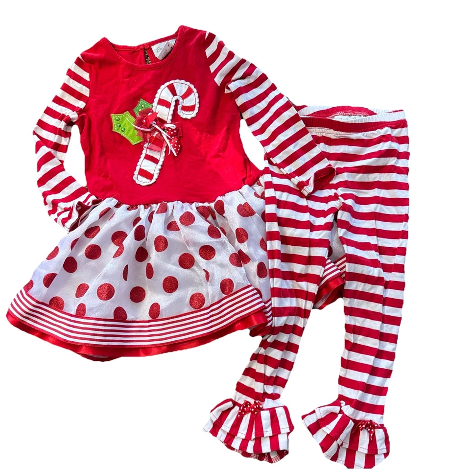 Vestido de Navidad Emily Rose Candy Cane rojo brillante lunares y pantalones con volantes talla 4 Foto 1 de 4