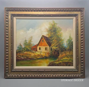 Vintage Wassermühle Cottage Landschaft Ölgemälde Leinwand Nilsen signiert gerahmt 32x28" - Bild 1 von 18