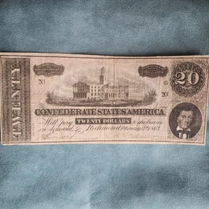 1864 $20 Confederate Currency Civil War - Twenty Dollar Bill - Picture 1 of 6