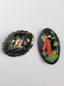 Vintage Russian Handpainted Black Lacquer Brooch Lot of 2 Flowers Woman  - Picture 1 of 7