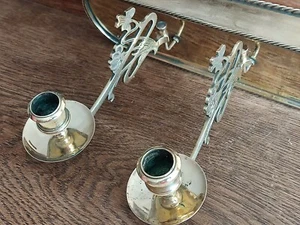 Candelabro de piano antiguo latón brazos oscilantes vela soporte doble Art Nouveau 1900 - Imagen 1 de 15