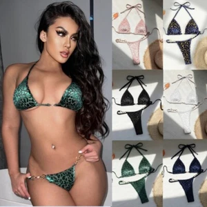 Sexy Bikini Set for Women Girls leopard velvet Lace up Thong Swimwear Swimsuit - Picture 1 of 28