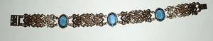 Vintage Deco Brass Blue Faceted Glass Link Bracelet Open Back Czech Aged Patina - Picture 1 of 3