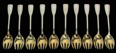 TIFFANY & CO SAINT DUNSTAN 10 TENEDORES DE HELADO DE PLATA ESTERLINA ORO LAVADO 5 1/2" Foto 1 de 4