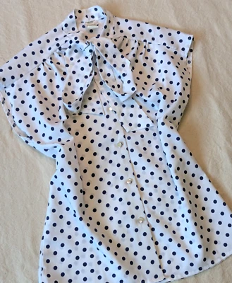 JCPenny Vintage 70s Women's White Blue Polka Dot Sleeveless Bow Tie Blouse M/L - Image 1 of 4
