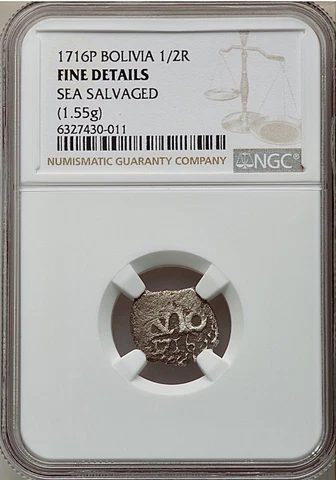Shipwreck 1716-P Bolivia Phillip V Cob 1/2 Real NGC Fine Details Full Date Cover