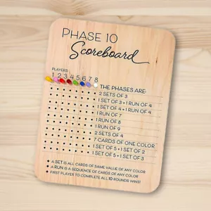 Phase 10 Score Board W/8 Colored Pegs Phase 10 Score Sheet Table Board Card Game - Bild 1 von 9