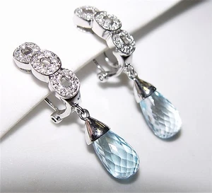 Pendientes de diamantes Blue Topacio Briolette 9,44 quilates y 0,31 quilates 32 mm 14 k - Imagen 1 de 10