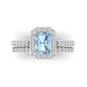 2.16 tcw Emerald Cut Engagement Ring + Wedding Band, Sim Diamond White Gold Set - Picture 1 of 40