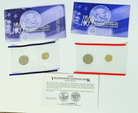 1999 P & D Susan B Anthony Dollars 2 Coin Mint Set W/ Yellowstone Card Cover