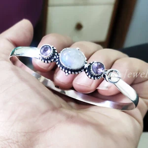 Mondstein & Amethyst Schliff Edelstein 925 Sterling Silber Armreif Überraschung Geschenk - Bild 1 von 8