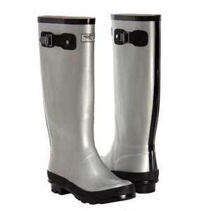 Women Mid-Calf Rubber Rain Boots, Flat Heel Waterproof, Size 6, Silver - Picture 1 of 5