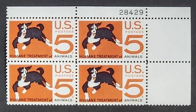 US POSTAGE 1966 5CENTS HUMANE TREATMENT OF ANIMALS PLATE BLOCK OF 4 STAMP, #1307 - Image 1 of 2