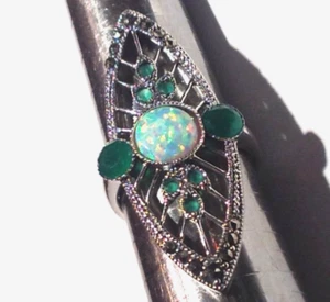 Antique style Emerald Fire opal Cocktail Statement Ring Sterling Silver 8 - P ½ - Picture 1 of 6
