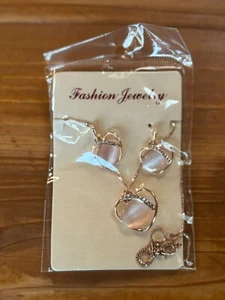 Rose Gold Necklace & Earrings Set With Pink Stone & Rhinestones - Picture 1 of 4